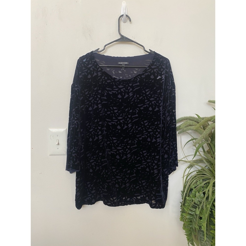 Eileen Fisher Navy Blue Burnout Velvet Vine Blouse Relaxed Top Whimsigoth S $348